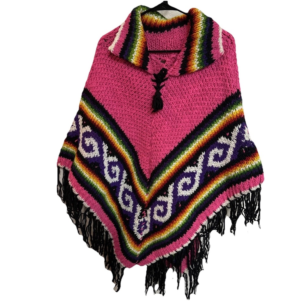 Crochet Festival Boho Hippie Poncho Cape Retro Afghan OS Colorful Fringe Rainbox